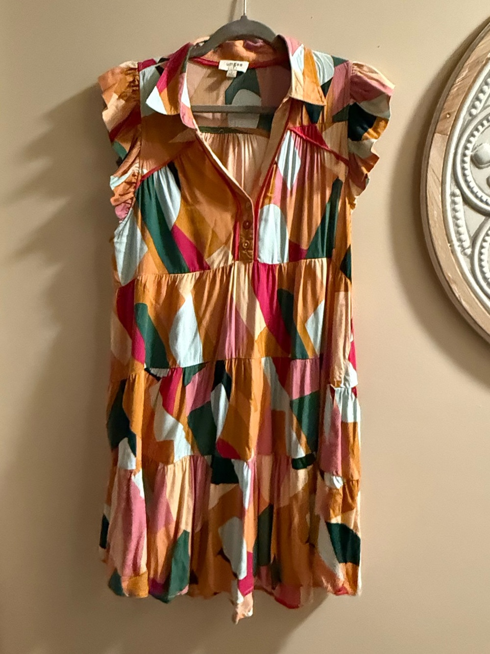 Umgee Colorblock Abstract dress - Pink, Orange, Teal, Cream